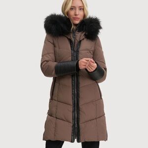Mocha Long Quilted Puffer Coat with Black Faux Fur Hood